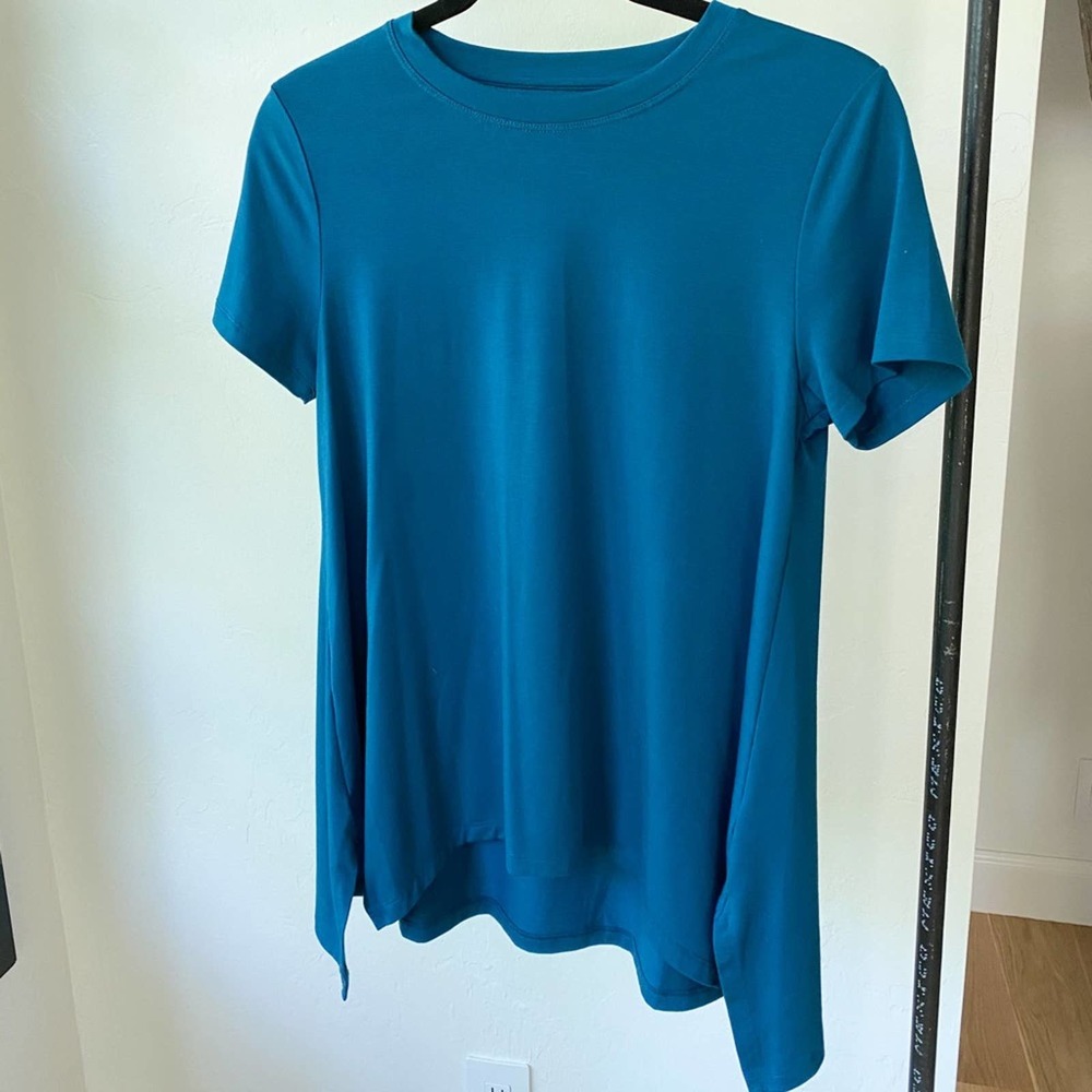 ATHLETA Women's Teal Stretch Jersey High Low Hem Short Sleeve Crew Neck Tee sz S